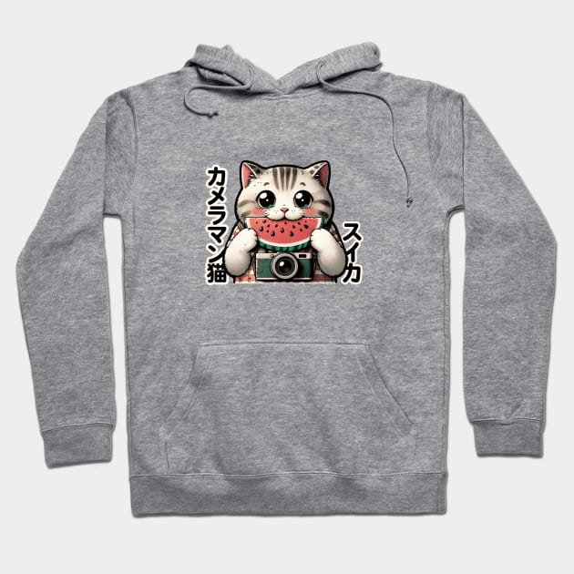 Japanese Photographer Cat with Watermelon - Eclectic Anime Hoodie by Conversion Threads